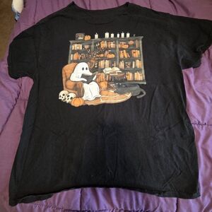Cozy Ghost Reading Graphic Tee - Black with Orange Accents